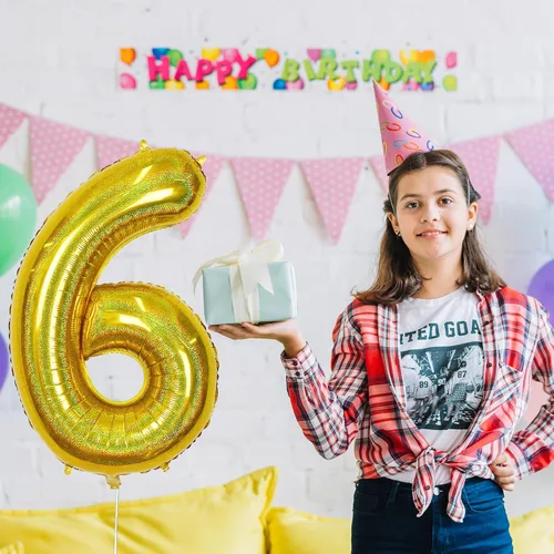 Vista 5 de Globos de cumpleaños de 6 años para niños, globos gigantes de Mylar con el número 6 autoinflables, globos de aluminio iridiscentes dorados, globos
