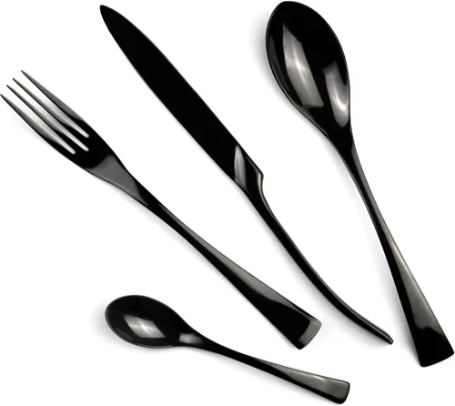 Vista 4 de Juego de cubiertos de acero inoxidable 18/10, cubiertos negros de lujo, servicio de cena, tenedor de postre, cuchara de té, cuchillo, para el hogar