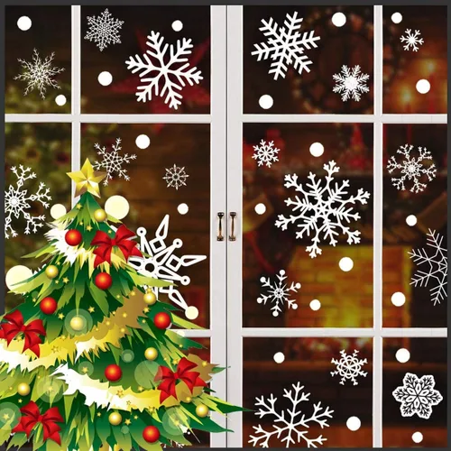 Vista 8 de DC-BEAUTIFUL Juego de 318 calcomanías de Navidad con temática de copos de nieve, calcomanías blancas para ventana, calcomanías de fiesta de copos