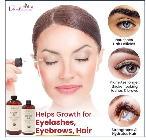 Vista 5 de Verdana Aceite de ricino orgánico, prensado en frío y sin hexano, para el cuidado del cabello y el cuero cabelludo, pestañas, cejas e hidratación