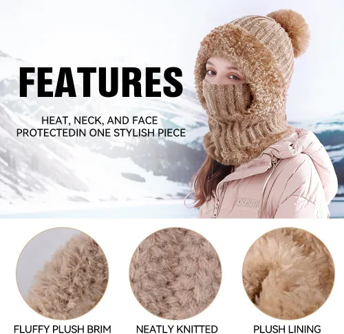 Vista 5 de Gorro 3 en 1 para mujer, pasamontañas de invierno con máscara facial, gorro de punto con forro polar con pompones, máscara de esquí resistente al