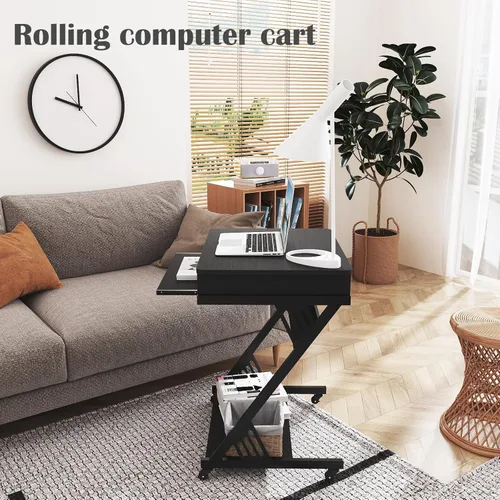 Vista 4 de Escritorio para computadora con bandeja para teclado, escritorio pequeño con ruedas de 23.6 pulgadas, carrito de computadora con almacenamiento
