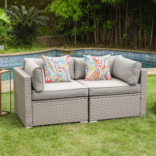 Vista 6 de COSIEST Juego de 2 sillas complementarias sin brazos para muebles de exterior para expandir sofá seccional de mimbre marrón chocolate con cojines