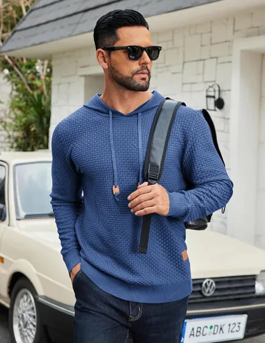Vista 59 de COOFANDY Sudadera con capucha para hombre, casual, de manga larga, con cordón, de punto gofre, ajustada