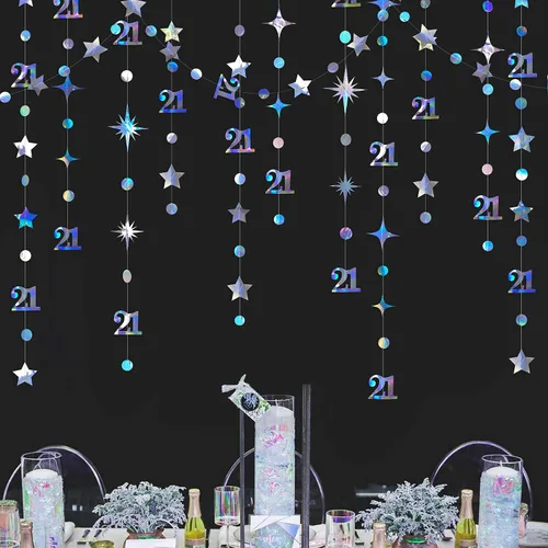 Vista 7 de Guirnalda de número 21 en negro con puntos circulares y estrellas centelleantes, metálica, para colgar, banderines, banner, telón de fondo