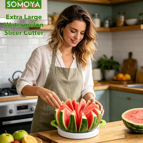 Vista 3 de SOMOYA - Cortador de sandía de acero inoxidable extra grande para cocina casera Silicone Handle,Cuts Watermelon,Cantaloupe, Pineapple Dishwasher