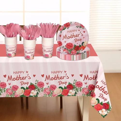Vista 7 de Childom Decoraciones del Día de la Madre para fiestas, 132 platos desechables para el Día de la Madre, mantel, tazas, cuchillos, cucharas, tenedores
