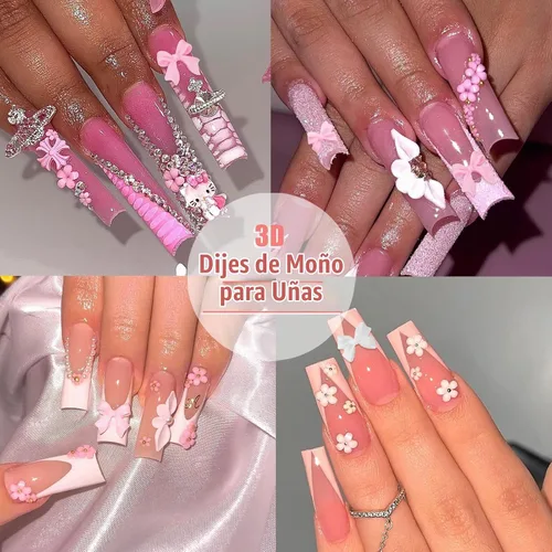 Vista 7 de RODAKY - Abalorio de uñas con lazo rosa y blanco en 3D de colores-3