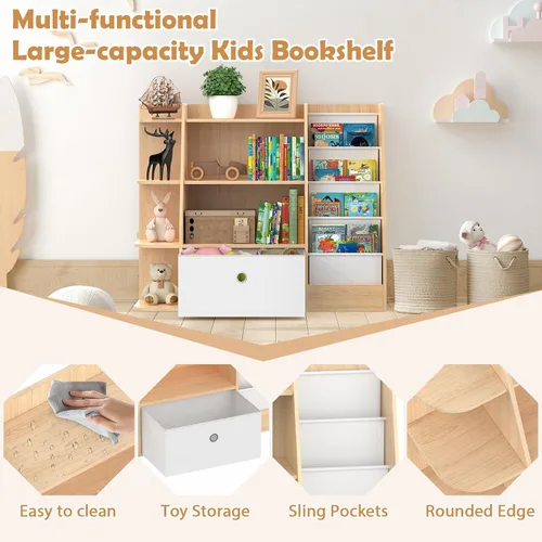Vista 4 de Estantería para niños y almacenamiento de juguetes, estante de madera de 4 niveles para libros, estantería grande para niños con cajones, estantería