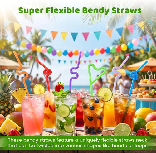 Vista 3 de HANSGO 360 unidades de pajitas para beber flexibles, pajitas de plástico desechables coloridas y flexibles extra largas para fiesta de cumpleaños