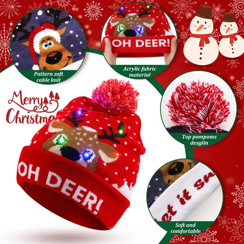 Vista 2 de Vicenpal Paquete de 15 gorros de Navidad con luces LED, gorro de punto con luz de Navidad, gorro de suéter de Navidad, suministros de fiesta