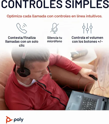 Vista 4 de Poly Blackwire 5220 (Plantronics) - Audífonos estéreo de cable con conexión USB-A y 3.5 mm y micrófono Boom para computador, conecta a tu PC, Mac