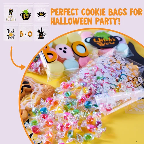 Vista 4 de JOYIN 150 bolsas de celofán de Halloween, autoadhesivas, transparentes para galletas y dulces, para niños, para dulce o truco, pequeña bolsa
