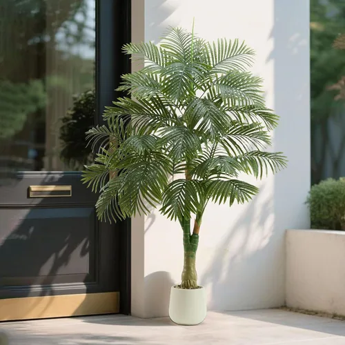 Vista 9 de Palmera artificial de caña dorada de 6 pies, plantas artificiales Planta de palma de seda sintética en maceta blanca, árboles artificiales altos