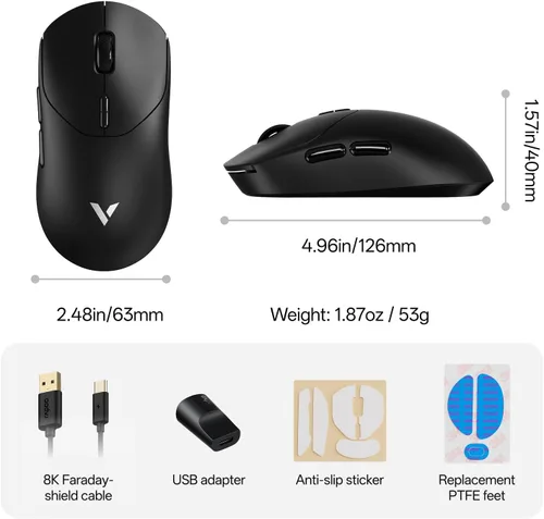 Vista 9 de Rapoo Ratón inalámbrico para juegos VT2, tasa de sondeo inalámbrico real de 8K, peso ligero de 1.87 oz, batería de hasta 750 horas, MCU nórdico