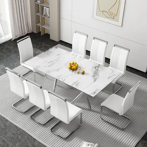 Vista 23 de Juego de 6 mesas de comedor de cristal, moderno juego de mesa de comedor de vidrio templado rectangular transparente de 71 pulgadas y 6 sillas