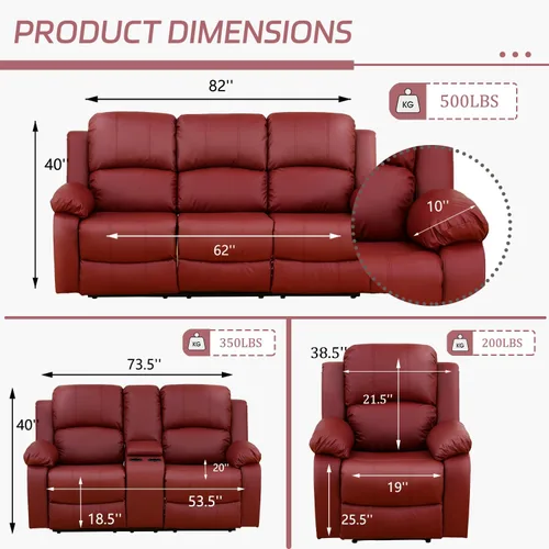 Vista 2 de Juego de sofá reclinable manual, muebles de cuero regenerado para sala de estar, sofás reclinables de cuero con portavasos, consola