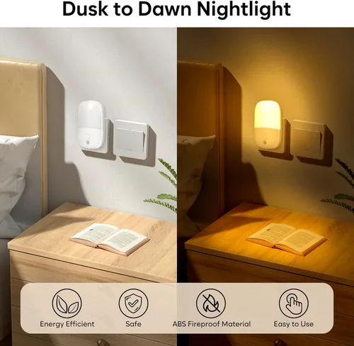 Vista 7 de Luz nocturna LED enchufable, paquete de 2 luces nocturnas regulables con sensor de atardecer a amanecer y enchufe retráctil y 3 brillo ajustable