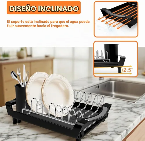 Vista 3 de Estante para secar platos compacto y expandible - Un escurridor de platos de acero inoxidable, resistente a la oxidación, que ahorra espacio