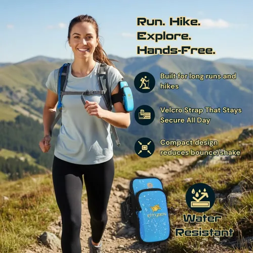 Vista 5 de Fitizen - Brazalete de teléfono para correr, color azul cielo, ajustable, resistente al agua, para iPhone y Android, para el ciudadano activo