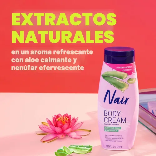 Vista 4 de Nair Crema Corporal para Eliminar el Cabello, Aloe Calmante y Lirio de Agua, Crema para Eliminar el Vello Corporal Testada por Dermatólogos
