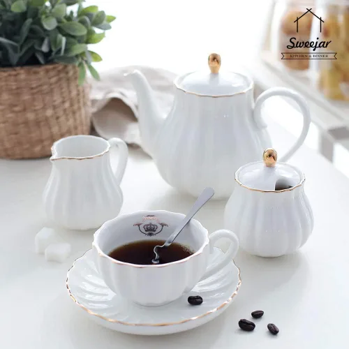 Vista 4 de Sweejar Royal Ceramic Teapot & Sugar and Creamer Set (Blanco)