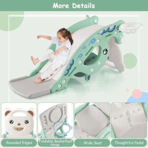 Vista 7 de Costzon - Juguetes de deslizamiento para niños pequeños 4 en 1, tobogán para niños con aro de baloncesto y juego de anillos, caballo de madera