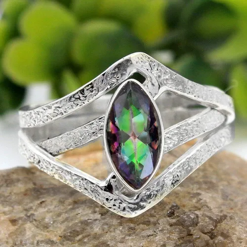 Vista 2 de Anillo de plata de ley 925 con topacio místico marquesa hecho a mano para mujer, joyería de regalo para el día de San Valentín