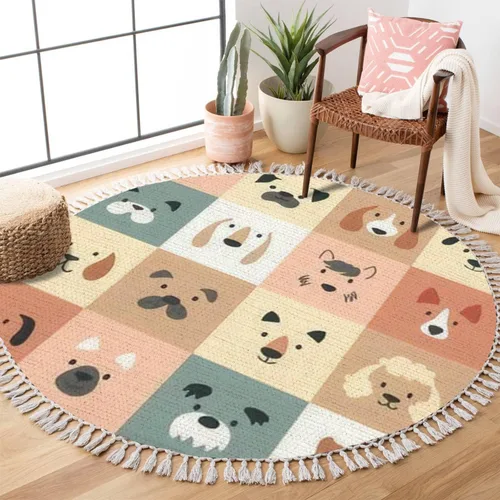 Vista 8 de Alfombra redonda bohemia para niños, dibujada a mano sin costuras con arco iris rosa pastel, alfombra de verano para bebé, alfombra de lino, Multi3