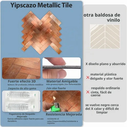 Vista 3 de Yipscazo 10 hojas de salpicaduras retro de cobre en espiga para paredes de cocina, salpicaduras adhesivas resistentes al calor de PVC y metal Cobre