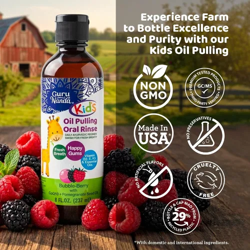 Vista 8 de GuruNanda Aceite para niños, enjuague bucal sin alcohol, aceites esenciales y vitaminas para aliento fresco y encías felices para edades de 6 años
