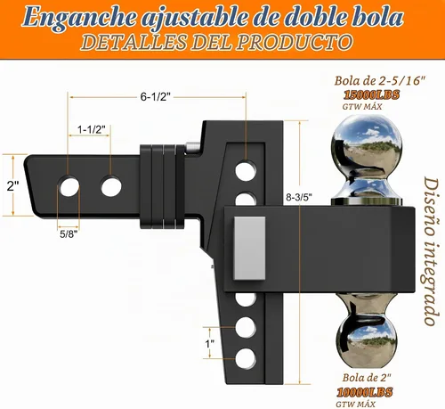 Vista 2 de VNN Enganche de caída ajustable - caída de 6 pulgadas, receptor de 2 pulgadas, 3 montajes de bola sólida intercambiables de 1-7/8", 2", 2-5/16