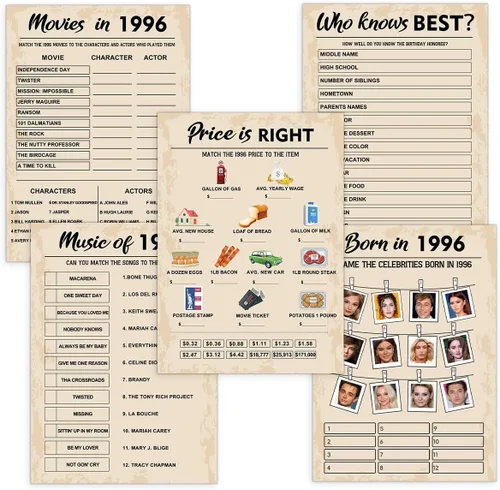 Vista 15 de QUPT Juegos de Fiesta de 30 Cumpleaños, Conjunto de 2 Actividades para 15 Invitados, Paquete de Juegos Nacidos en 1996, Suministros de Fiesta