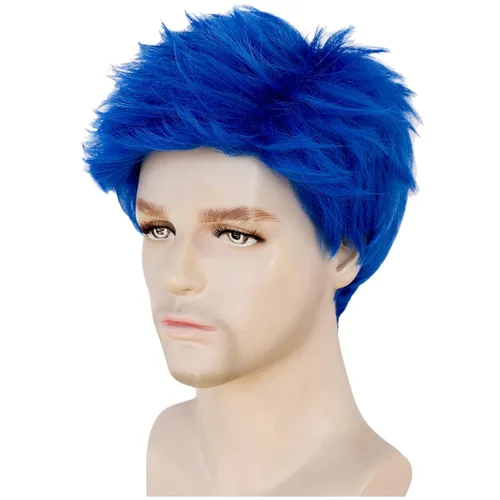 Vista 3 de Peluca azul para hombre, con capas cortas, color azul rey Azul real