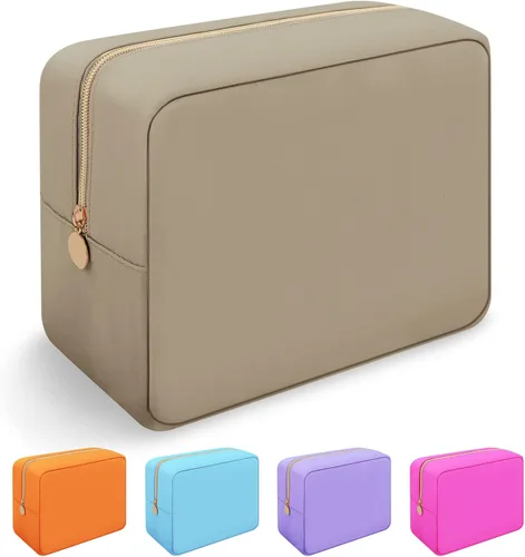 Vista 49 de Iqimott Bolsa Grande de Maquillaje de Nylon, Neceser de Viaje, Bolsa Grande de Cosméticos Preppy, Organizador de Maquillaje de Nylon, Bolsa de Beige
