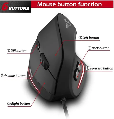 Vista 4 de zelotes - Mouse vertical ergonómico, 3200 DPI LED óptico USB con cable, 6 botones para laptop, escritorio, PC, MacBook, negro