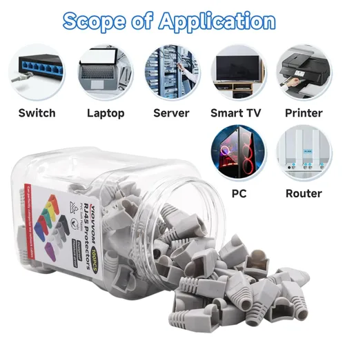 Vista 2 de Botas de plástico blando con conector de cable RJ45, botas de alivio de tensión de cubierta, CAT5 CAT5E CAT6 CAT6 CAT6E Ethernet gris claro, paquete