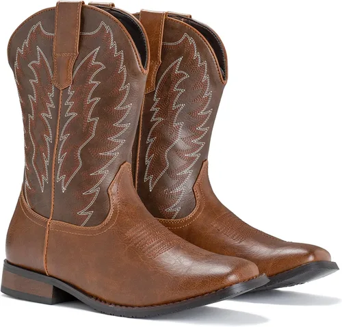 Vista 8 de IUV Botas de Vaquero para Hombre de Pie Ancho Punta Cuadrada Botas Occidentales con Bordado Clásico Duraderas Sin Cordones