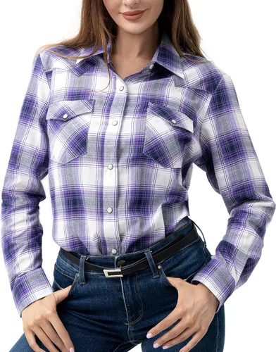 Vista 18 de PASHARTUK Camisas occidentales para mujer, camisas de manga larga de algodón para mujer con botones a presión, camisas a cuadros para mujer Beige