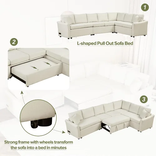 Vista 5 de JIVOIT Sofá cama moderno en forma de L con dos almohadas de respaldo, sofá cama modular de 124.8 pulgadas con cama extraíble, sofá modular Beige 052