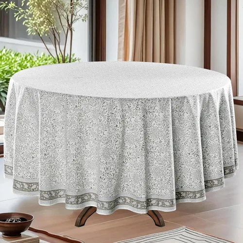 Vista 11 de Ridhi Mantel redondo con estampado de bloque a mano, 100% algodón, reutilizable, color verde pera de 132 pulgadas, mantel decorativo para uso diario
