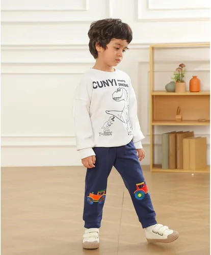Vista 3 de GFQLONG Paquete de 3 pantalones deportivos elásticos con cordón para bebé, de algodón, dinosaurio, con bolsillos