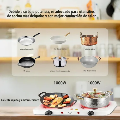 Vista 4 de Placa calefactora doble, estufa eléctrica doble de encimera, multifuncional y portátil, 2000 W de alta potencia, calentamiento rápido y uniforme