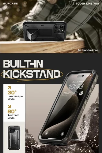 Vista 4 de SUPCASE Funda para iPhone 15 Pro con soporte y clip para cinturón, [Unicorn Beetle Pro] [Protector de pantalla integrado]