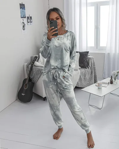 Vista 2 de Prettygarden - Conjunto de pijama para mujer, teñido anudado, de dos piezas, pijama con camiseta de manga larga y pantalón largo, con bolsillos
