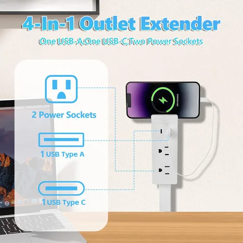 Vista 4 de Extensor de toma de corriente, 18-28 pulgadas, USB-A USB-C, 2 CA