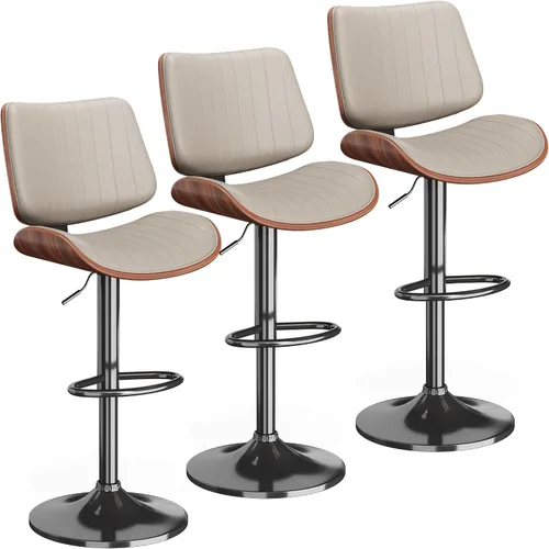 Vista 26 de Juego de 1 taburetes de bar giratorios de madera curvada ajustables para encimera de cocina, moderna silla de bar tapizada de piel sintética