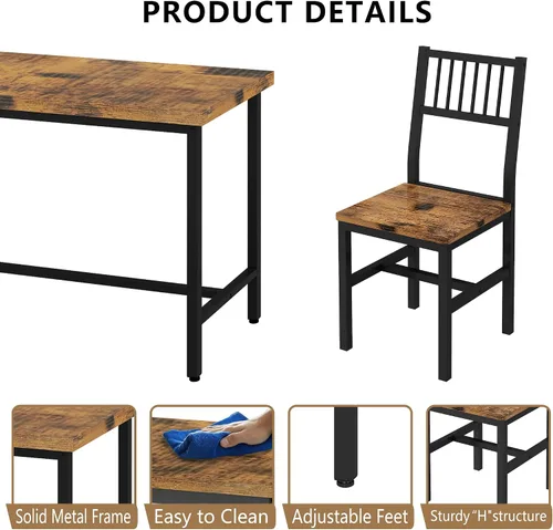 Vista 6 de AWQM Juego de mesa de comedor de 43.3 pulgadas para 4, mesa industrial con 4 sillas curvas, juego de mesa de cocina rectangular de 5 piezas