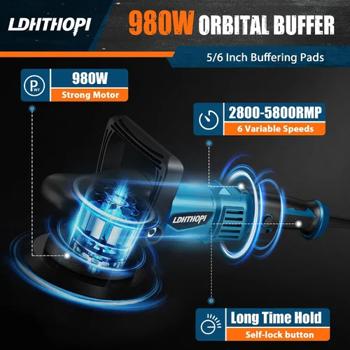 Vista 2 de LDHTHOPI Pulidora de doble acción, 980W 5/6 Pulgadas, 9MM, pulidora orbital aleatoria de 980W para detalles de automóviles, 2800-5800RPM, pulidora
