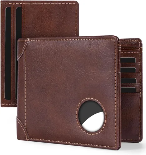 Vista 41 de Swallowmall AirTag Billetera para hombre con bloqueo RFID, de piel auténtica, plegable, para AirTag con 1 ventana de identificación, 13 tarjeteros